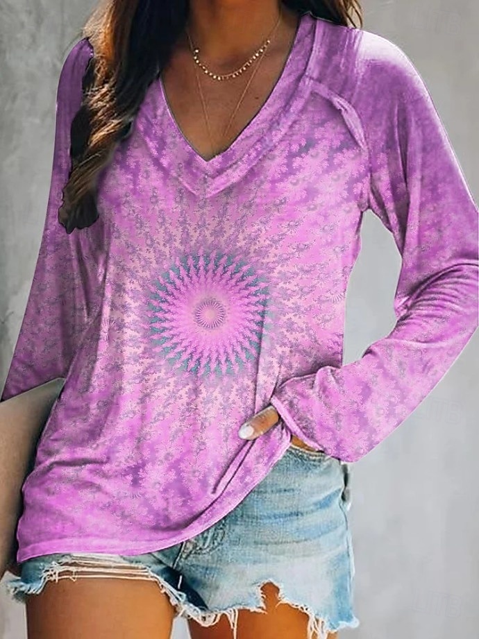 Femmes T-shirt Fleuri Graphique Plantes Élégant Bohème ancien manche longue Col en V Hauts Réguliers Quotidien Sortir Week-end Imprimé Jaune Rose Claire Bleu Violet Vert Printemps Automne de 2025 ? $22.99 –P3