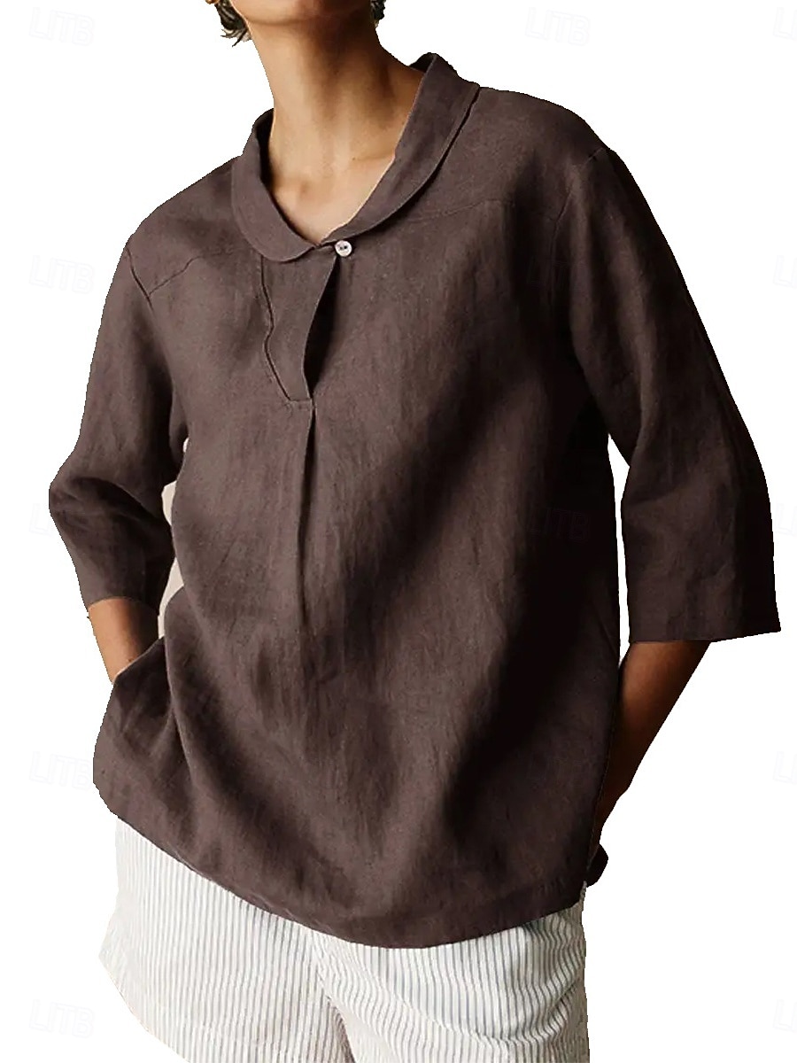 Per donna Camicie di cotone e lino Semplice Quotidiano Moderno Manica 3/4 Colletto a Camicia Top Regolari Quotidiano Bottoni Nero Arancione Marrone Cachi Grigio Estate Primavera Autunno del 2025 a $19.99 –P2