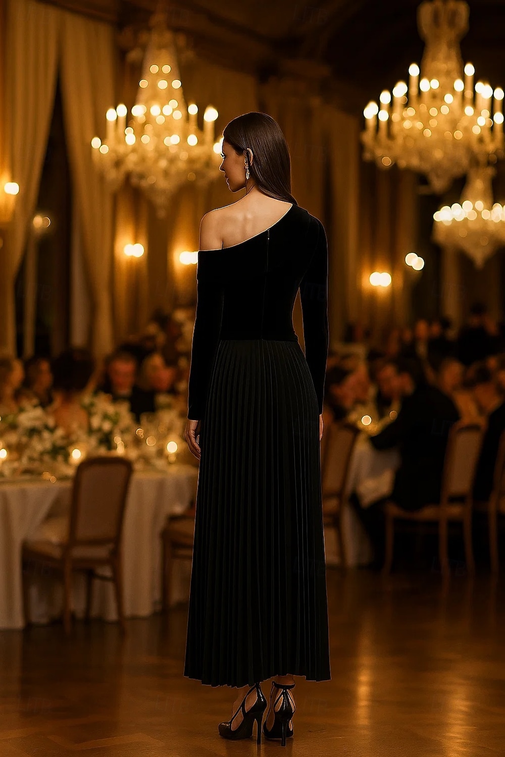 Rochii de cocktail elegante, cu imprimeu A, lungime tip A, rochie de mireasă, lungime tip ceai, mânecă lungă, pe un umăr, din catifea elastică cu pliuri, 2025 2025 - $139.99 –P2