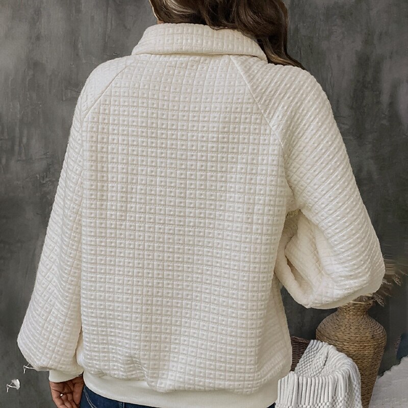 Hanorac textură pentru femei, hanorac tip waffle, pulover, hanorace, streetwear, simplu, casual, mânecă lungă, decolteu în V, topuri regulate, ieșiri în oraș, nasturi, bej, toamnă 2025 - $31.99 –P6