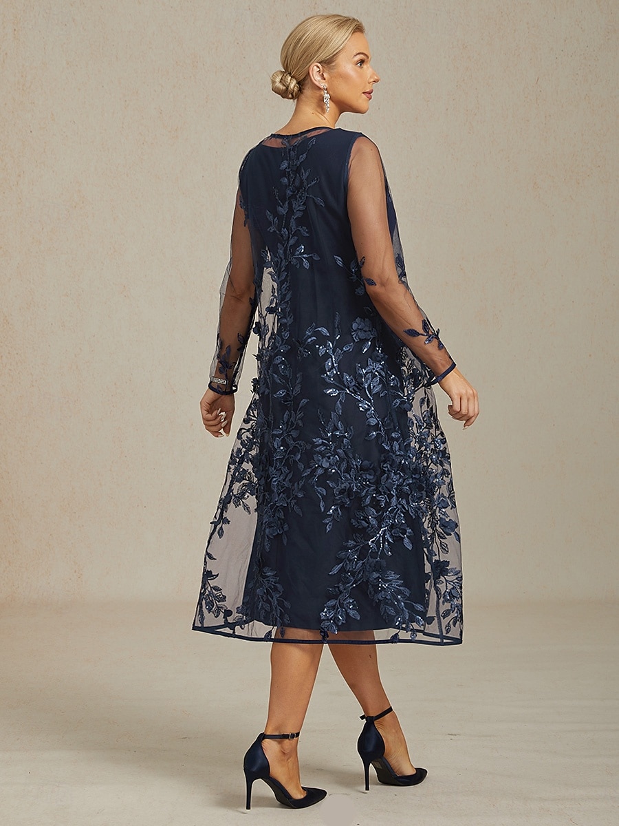 damjacka kavaj spets broderad paljett elegant blommig formell årsdag bröllopsgäst cocktailparty öppen framsida lång rund hals normal passform långärmad ytterkläder marinblå 2025 - $89.99 –P5