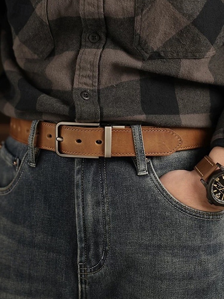 Мужской ремень из натуральной коровьей кожи – винтажный коричневый ремешок с пряжкой из матового сплава, регулируемый для джинсов, работы, деловой и повседневной одежды 2026 - $29.99 –P4
