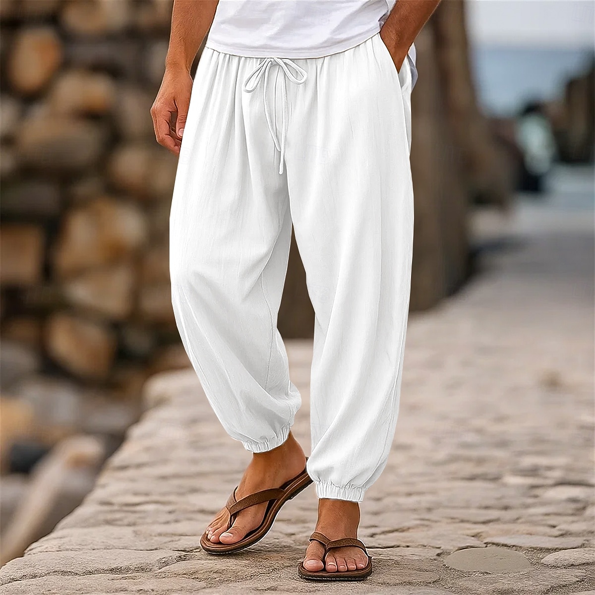 Herr Linne Byxor Långbyxor Sommarbyxor Joggarbyxor Elastisk midja Rakt ben Högsta stiga Ensfärgat Slät Komfort Andningsfunktion Fullängd Bröllop Helgdag Semester Mode Svart Vit Oelastisk 2025 - $23.99 –P2