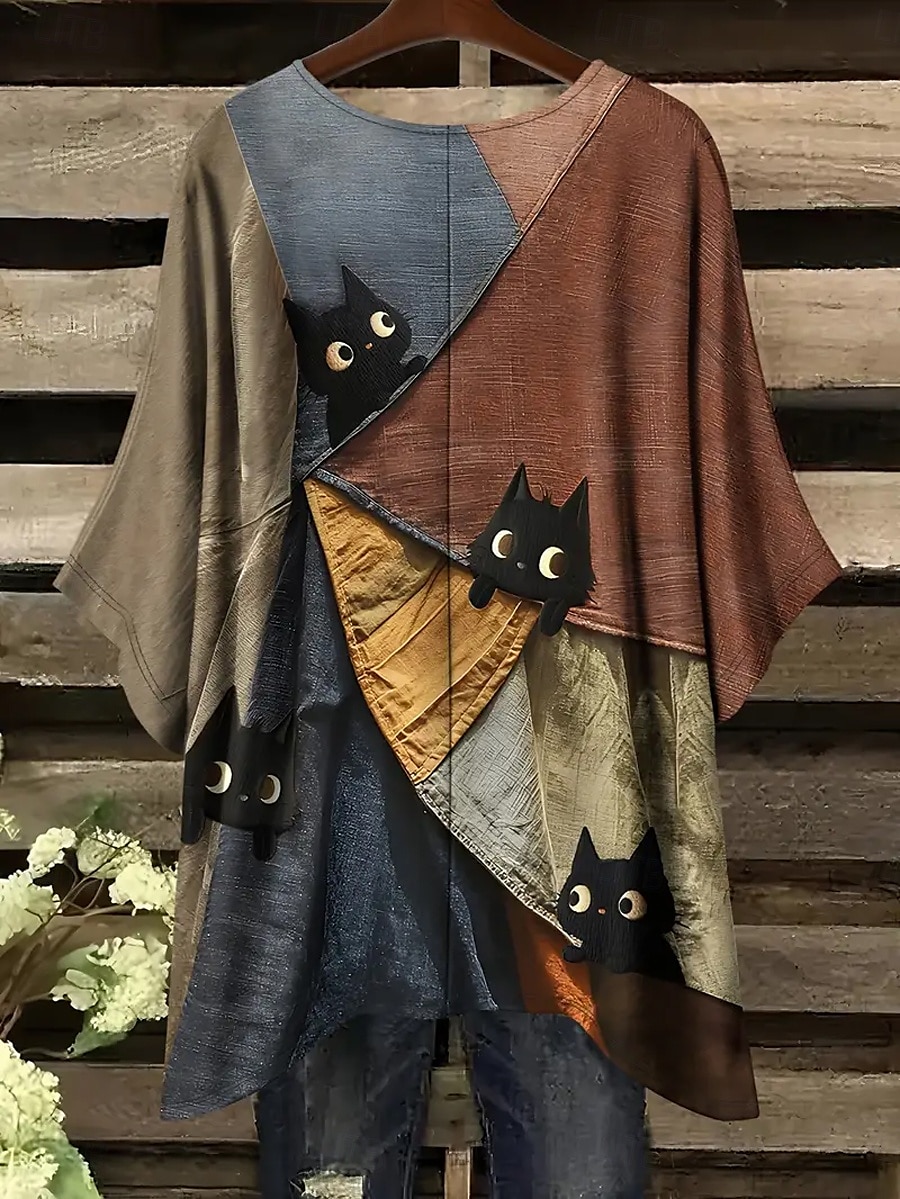 Dame Bluse Grafisk Dyr Katt Årgang Daglig Fritid Halvlange ermer Flaggermusermer Crew-hals Lange topper Daglig Ferie Strand Klær Assymetrisk Gul Rød Blå Kamel Grå Sommer Vår 2025 - $22.99 –P8