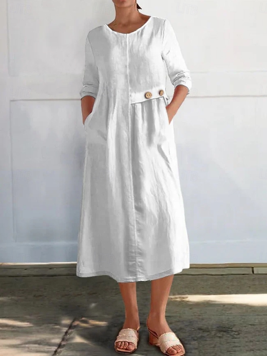 Femmes Robe Midi Robe Décontractée Robe en coton et lin Basique Moderne Quotidien Week-end Coupe régulière Uni Manche 3/4 Col ras du cou Noir Blanche Jaune Rouge Été Printemps Automne de 2025 ? $28.99 –P1