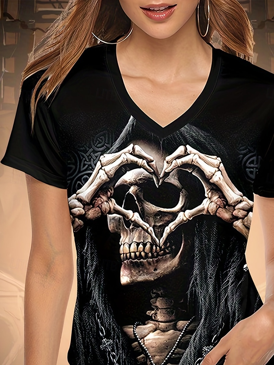 Dames T Shirt Schedels Grafisch Heks Vintage Stijlvol Klassiek Korte Mouwen V Hals Reguliere Tops Dagelijks Print Zwart Zomer Herfst Winter 2026 - $21.99 –P3