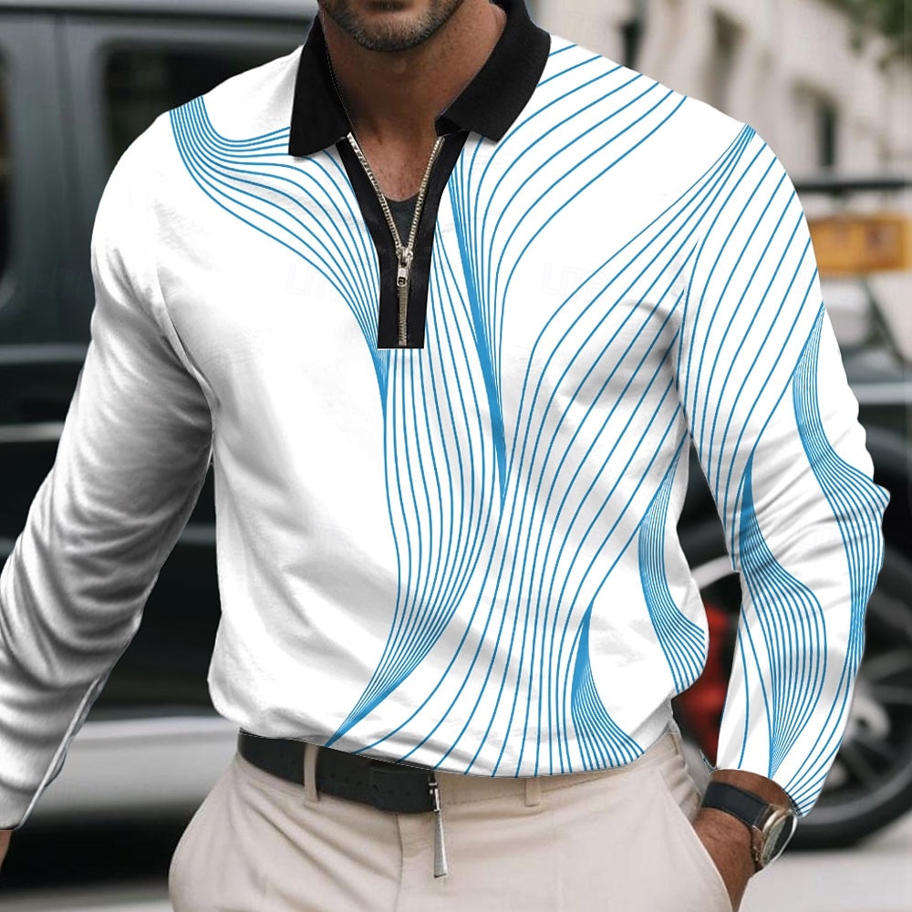 Herre Geometrisk Linje Polo Langermet Poloskjorter Knaphul Business Casual treningsklær Dagligdagstøy 3D-utskrift Kvart zip-polo Vår Høst Vinter Blå Svart Hvit 2026 - $22.99 –P3