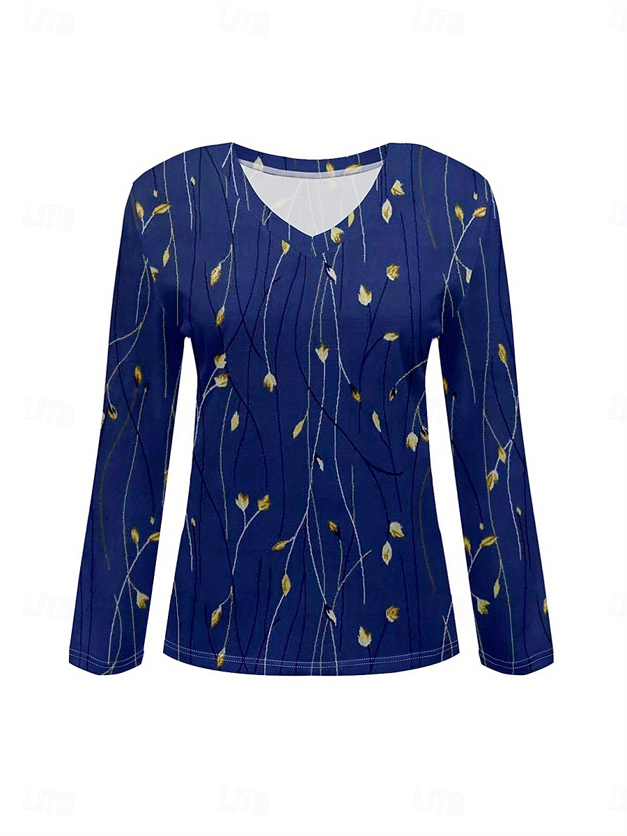 Femmes T-shirt Fleuri Graphique Plantes ancien Élégant Classique manche longue Col en V Hauts Réguliers Quotidien Imprimé bleu marine Printemps Automne Hiver de 2025 ? $22.99 –P1