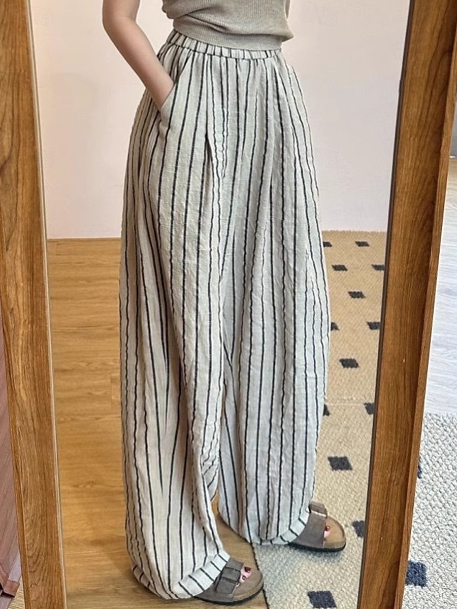 pantaloni culottes in misto lino da donna, gamba larga, stile etnico vintage, lunghezza intera, vita media, a righe, comodi, traspiranti, anelastici, per le vacanze, per la casa, tutti i giorni, beige del 2025 a $43.99 –P1