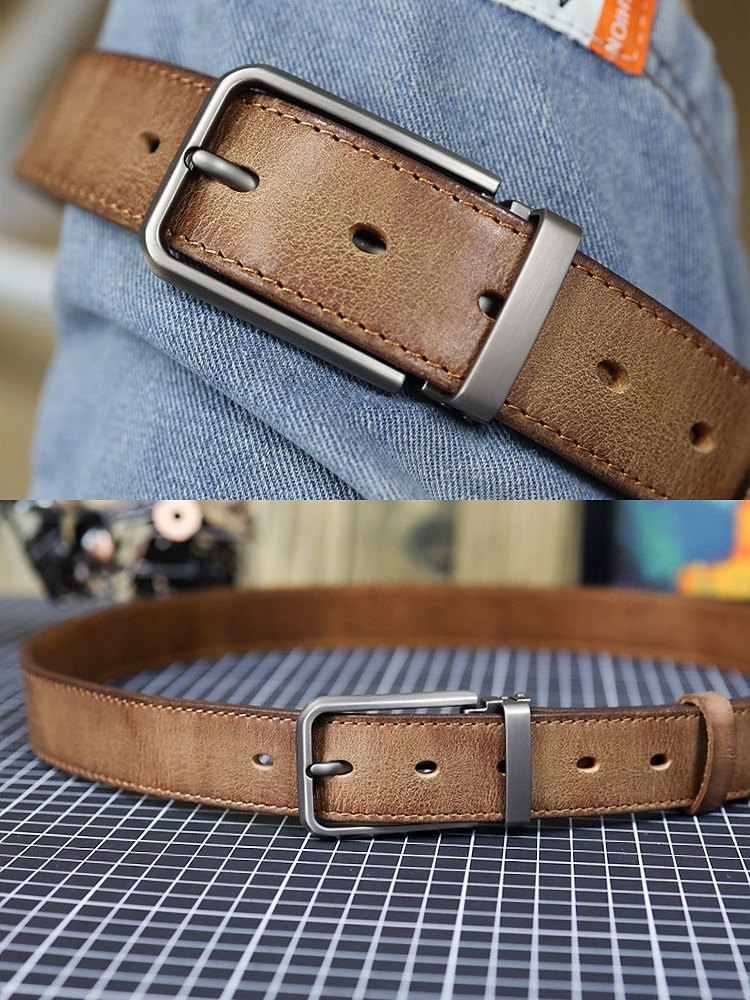 Мужской ремень из натуральной коровьей кожи – винтажный коричневый ремешок с пряжкой из матового сплава, регулируемый для джинсов, работы, деловой и повседневной одежды 2026 - $29.99 –P7