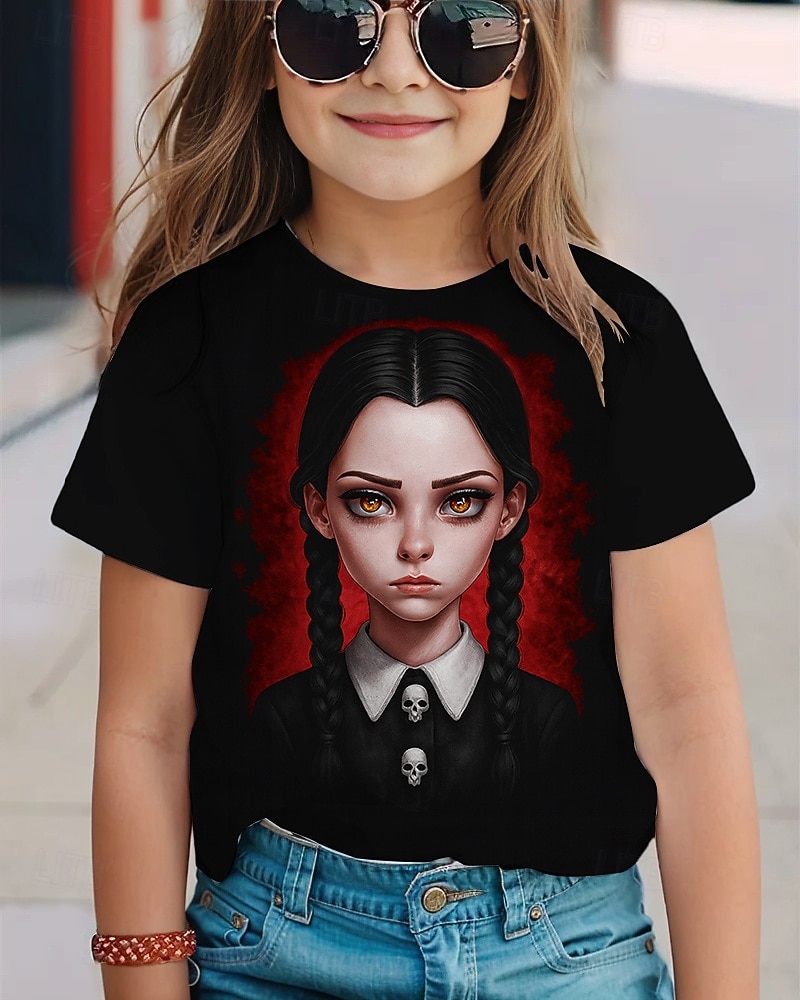Koszulka z gotycką grafiką Wednesday Addams, słodka, letnia, oddychająca, modna koszulka na Halloween dla dziewczynek 2025 - $11.99 –P1