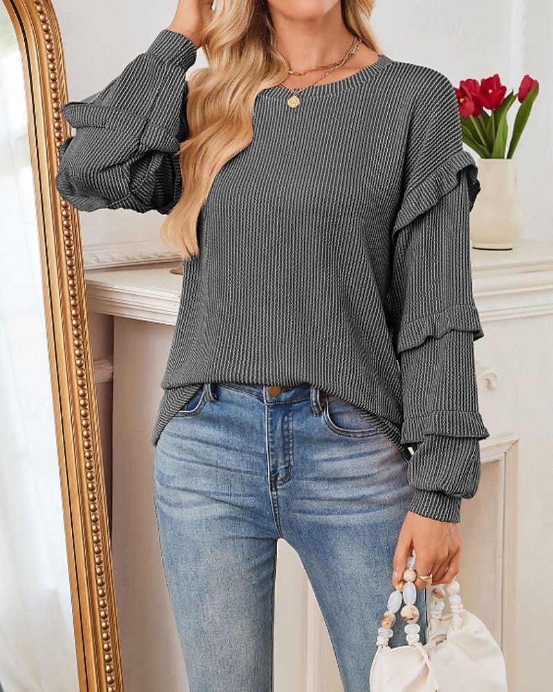 Femmes Chemisier Rayé Moderne Occasionnel manche longue Manches Bouffantes Col ras du cou Hauts Réguliers Quotidien Fête Froncé Noir Automne de 2025 ? $19.99 –P1