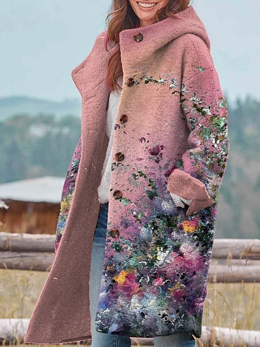 Dame Vinterjakke Fleece-jakke Frakk Hold Varm Pustende Lomme Knapper Trykt mønster Aktiv Daglig Fritid Blomstret Feriereise Gate Daglig Enkeltkneppet Lang Hettegenser Normal Langermet Yttertøy Svart 2025 - $46.99 –P4