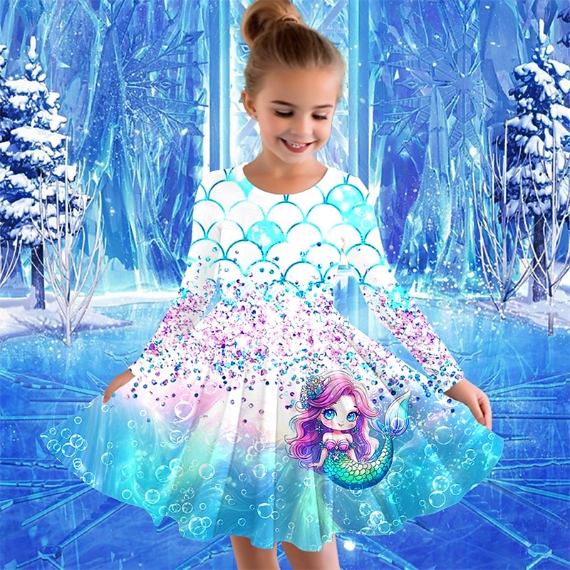 Flickor 3D Sjöjungfru Klänning Långärmad Sommar Vår Semester Dagligen Helgdag Prinsessa Skön Ljuv Barn 4-12 år Vardagsklänning A linjeklänning Knälång Normal 2025 - $16.99 –P2