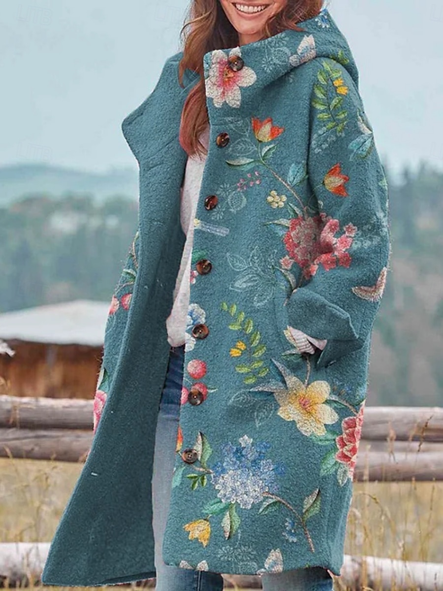 Dame Vinterjakke Fleece-jakke Frakk Hold Varm Pustende Lomme Knapper Trykt mønster Aktiv Daglig Fritid Blomstret Feriereise Gate Daglig Enkeltkneppet Lang Hettegenser Normal Langermet Yttertøy Gul 2025 - $46.99 –P8