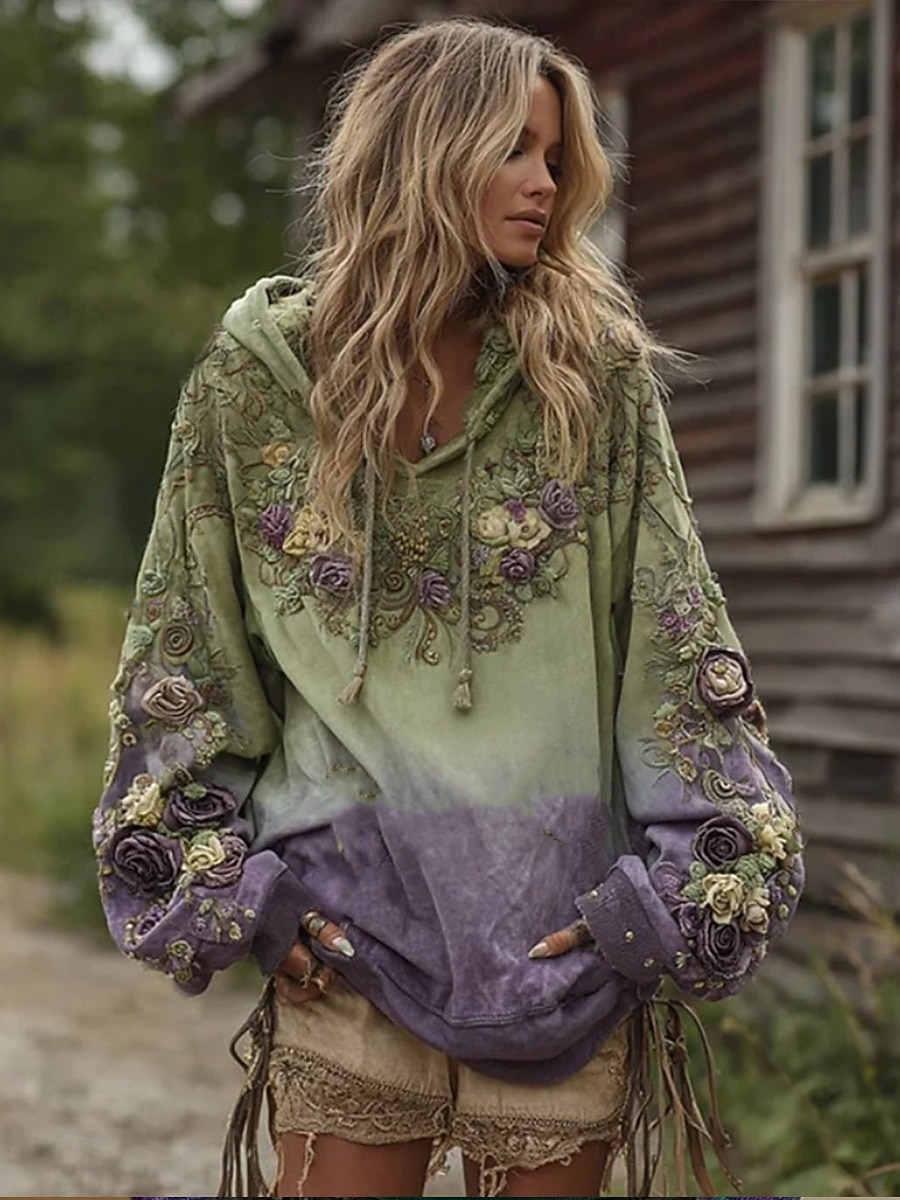 Women's 3D Print Vintage Boho Hoodie Patchwork Hoodie Sweatshirt Floral Pullover Sweatshirt Oversized Casual Warm Active Hooded Street Dailywear Patchwork Purple Spring Fall Winter 2025 - $10.99 –P3