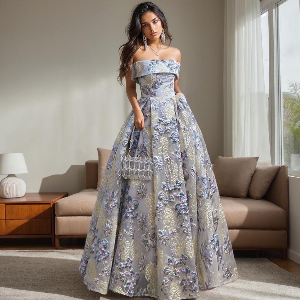Jacquard Brocade A-Lijn Prom Jurken Elegante Jurk Bruiloft Gast Avondfeest Vloerlengte Off Shoulder Mouw met Bloemenprint Bruiloft Gast Jurk 2025 - $99.99 –P2