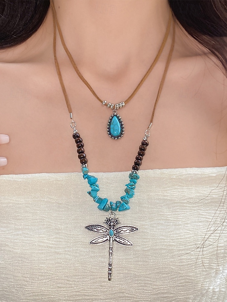női réteges szitakötő türkiz nyaklánc – bohém medálékszer fesztiválokra, hétköznapi viseletre és ajándékba 2025 - $11.99 –P3