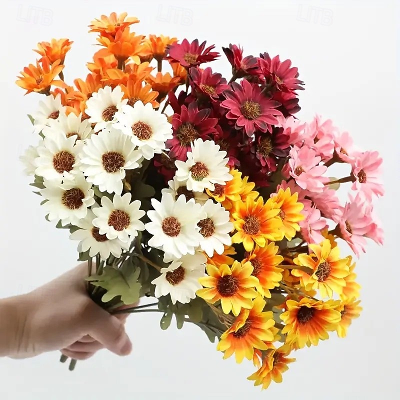 5 maços de flores artificiais de outono, crisântemos do pôr do sol, flores artificiais de outono para áreas externas com margaridas e eucalipto, plantas de floração plena, resistentes a raios UV, à de 2025 por $20.99 –P3