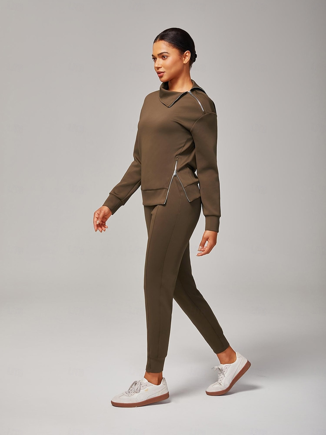 Calça de moletom feminina marrom elástica com zíper e fenda na cintura elástica, estilosa, confortável, casual, diária, trabalho, versátil, outono de 2025 por $72.99 –P3