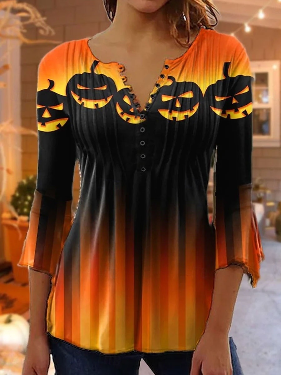 Blusa Feminina de Halloween com Gráfico Gradiente Elegante Vintage Estilosa de Manga 3/4 Decote em V Tops Regulares Impressão Diária Saída com Babados Botões Azul Laranja Primavera Outono de 2025 por $27.99 –P1