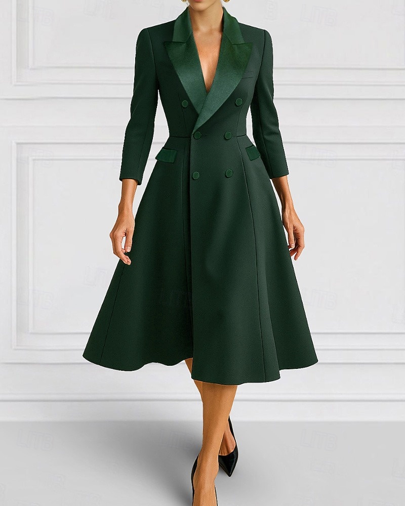 A-line blazer šaty matky nevěsty šaty smoking elegantní jednoduché minimalistické V výstřih špicatý klop tea délka midi délka flap kapsy pružná krepa 3/4 délky rukáv s zakrytými knoflíky 2025 - $137.99 –P5