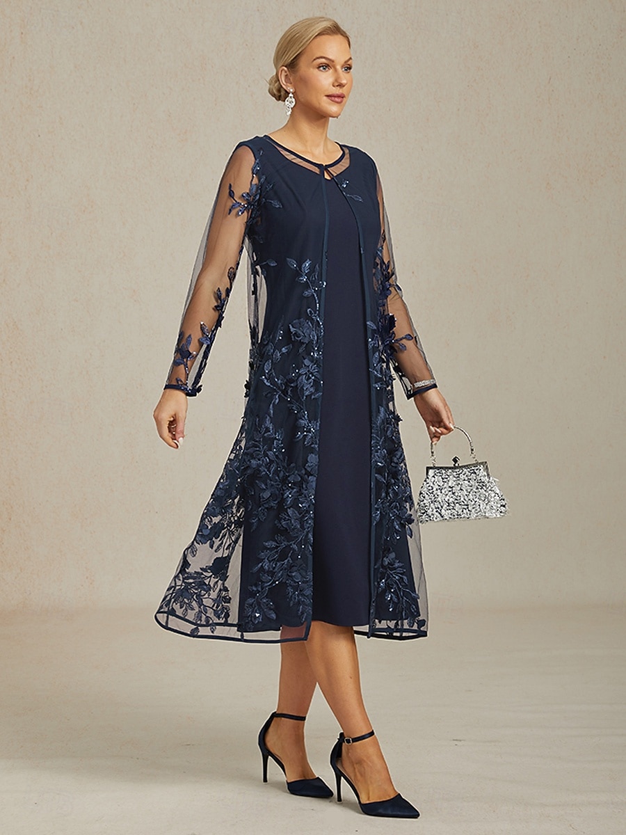 damjacka kavaj spets broderad paljett elegant blommig formell årsdag bröllopsgäst cocktailparty öppen framsida lång rund hals normal passform långärmad ytterkläder marinblå 2025 - $89.99 –P1