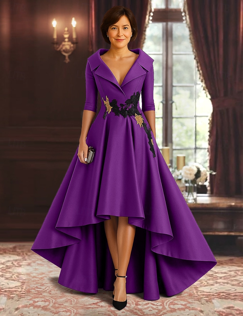 rot-schwarzes A-Linien-Kleid für die Brautmutter, eleganter hochgeschlitzter Hemdkragen, asymmetrischer Satin, 3/4-Ärmel mit Applikationen 2025 2025 - $149.99 –P2