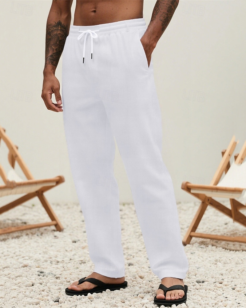 Herr Linne Byxor Långbyxor Sommarbyxor Strandbyxor Snörning Ficka Elastisk midja Slät Komfort Andningsfunktion Semester Dagligen Helgdag Hawaiisk Boho 다크 카키 Svart 2025 - $17.99 –P2
