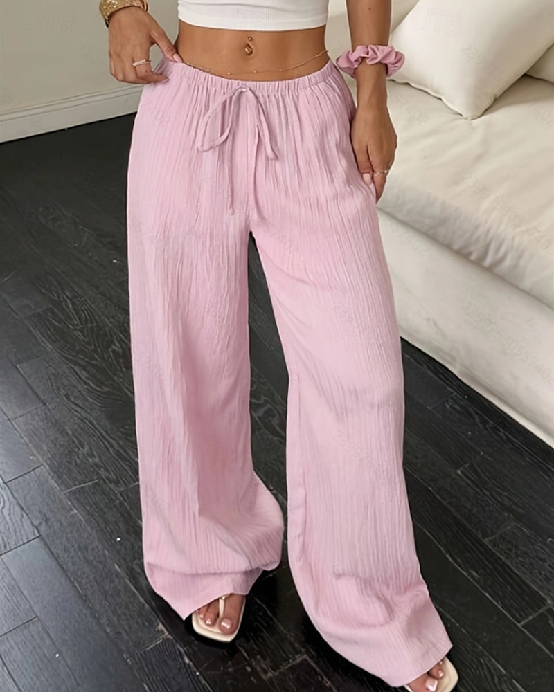 Dam Brett skaft Byxor Palazzo byxor Mode Streetwear Fullängd Hög midja Slät Elastisk midja Mateial som andas Bekväm Gata Dagliga kläder Utekväll Svart Vit Rodnande Rosa Kaki Sommar Vår Normal 2025 - $20.99 –P8