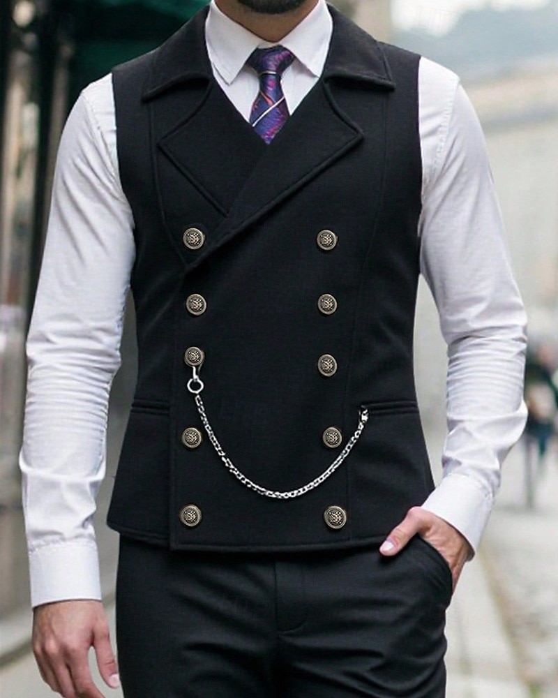 Ανδρικά Veste Γιλέκο Gilet Διακοπές Πάρτι Επιχείρηση Μοντέρνα Καθημερινό Άνοιξη Φθινόπωρο Κουμπιά Πολυεστέρας Άνετο Σκέτο Σταυρωτό Πέτο Κανονικό Μαύρο Βαθυγάλαζο Καφέ Γιλέκο 2025 - $32.99 –P1