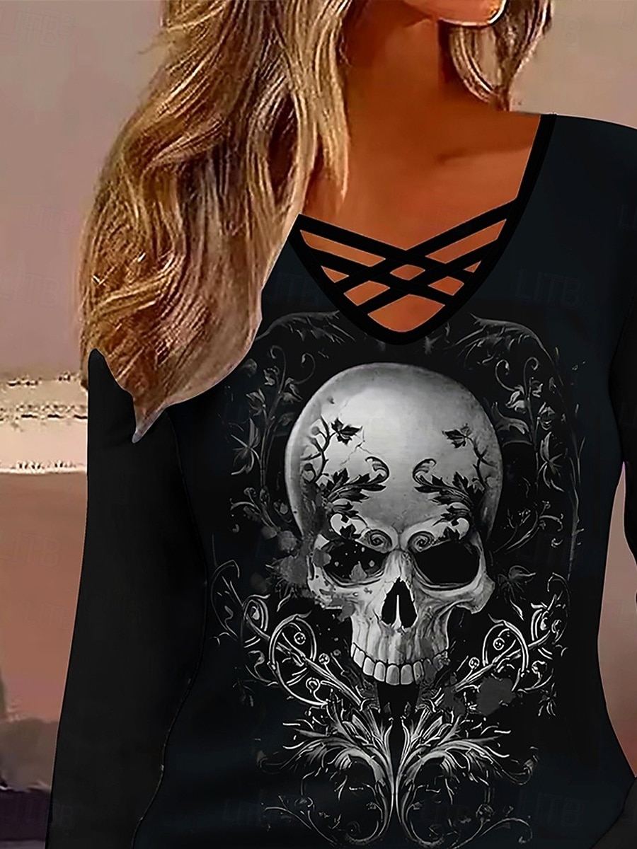 Halloween Femmes T-shirt Graphique Crâne Halloween ancien Élégant Classique manche longue Col en V Hauts Réguliers Quotidien Cravate Imprimé Noir Automne Hiver de 2025 ? $22.99 –P3