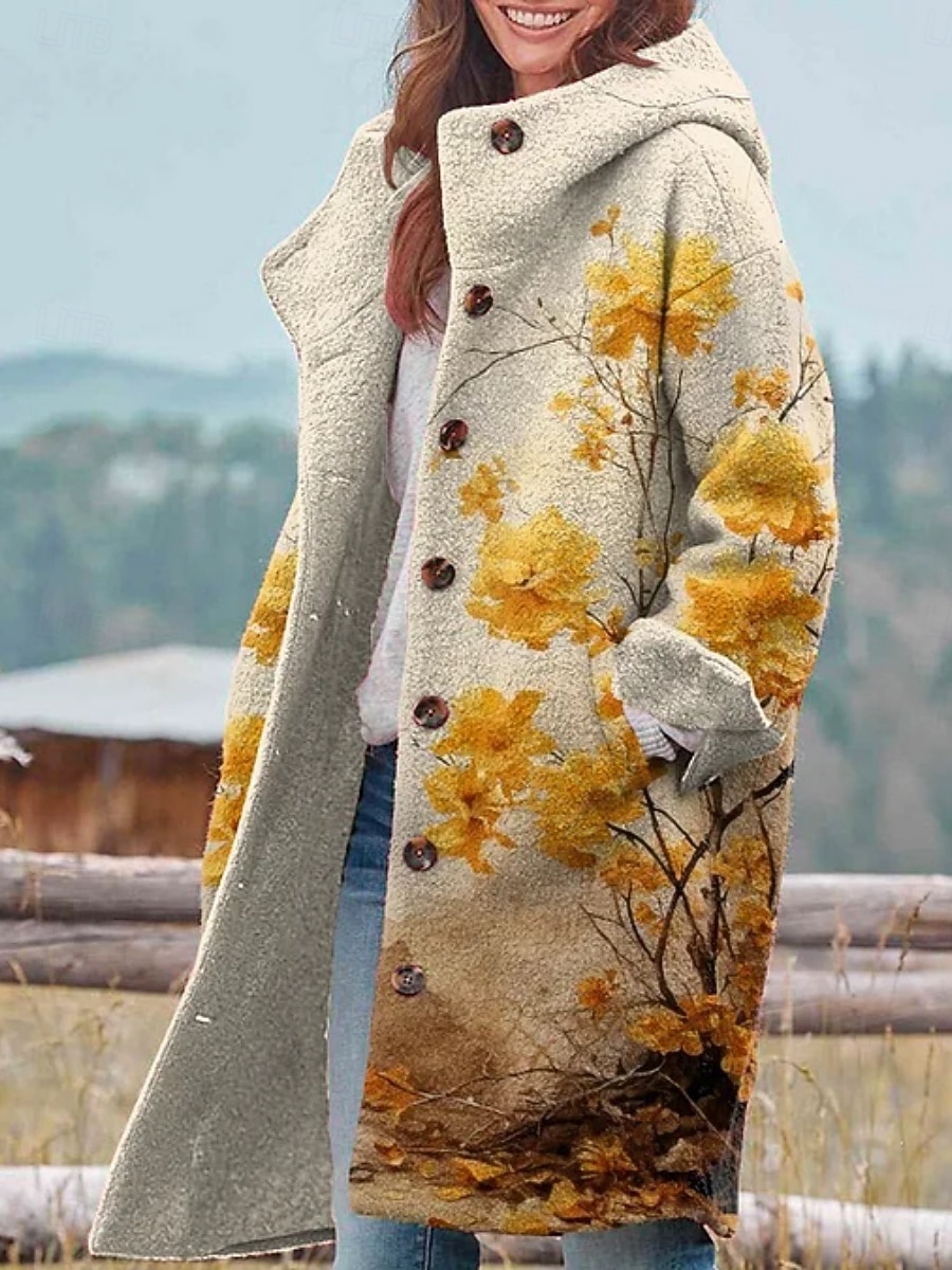 Dame Vinterjakke Fleece-jakke Frakk Hold Varm Pustende Lomme Knapper Trykt mønster Aktiv Daglig Fritid Blomstret Feriereise Gate Daglig Enkeltkneppet Lang Hettegenser Normal Langermet Yttertøy Gul 2025 - $46.99 –P1