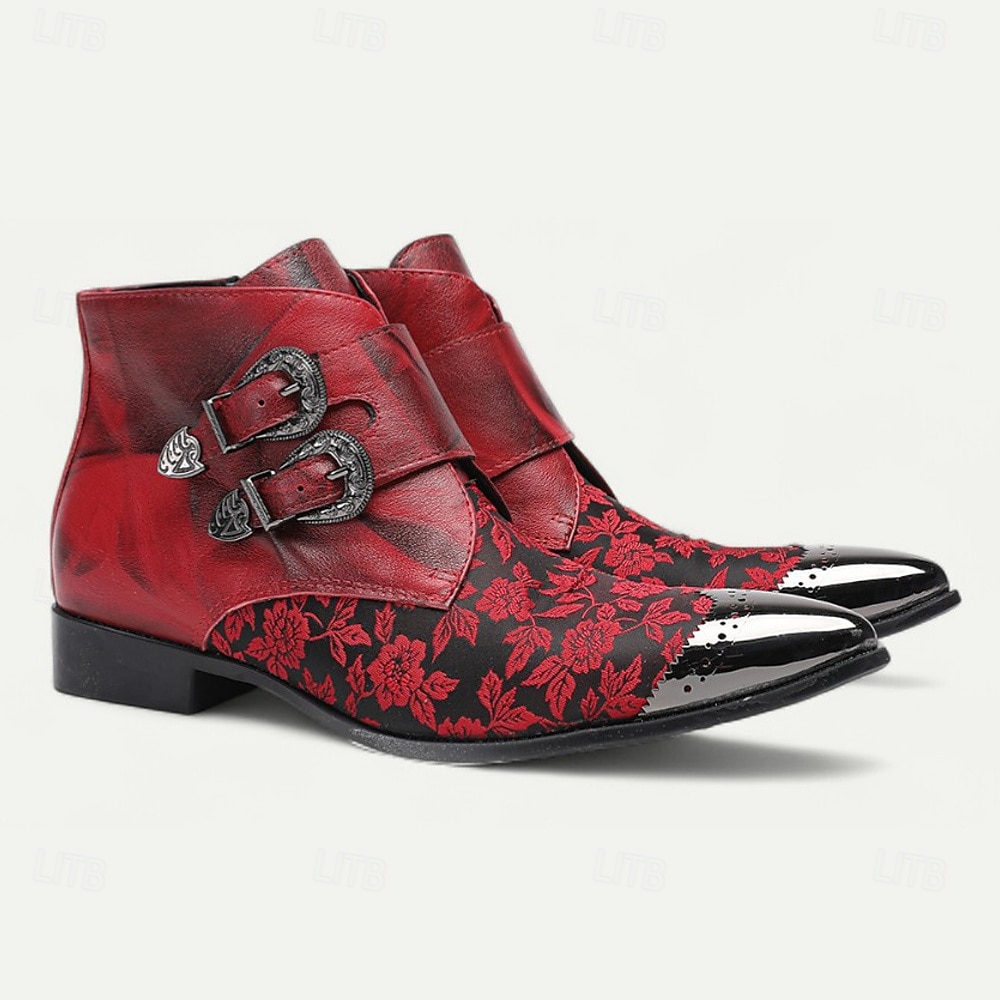 férfi piros jacquard dupla pántos szerzetespántos csizma – gótikus barokk stílusú bőr csizma cosplayhez, jelmezbálokhoz és éjszakai élethez 2025 - $149.99 –P4