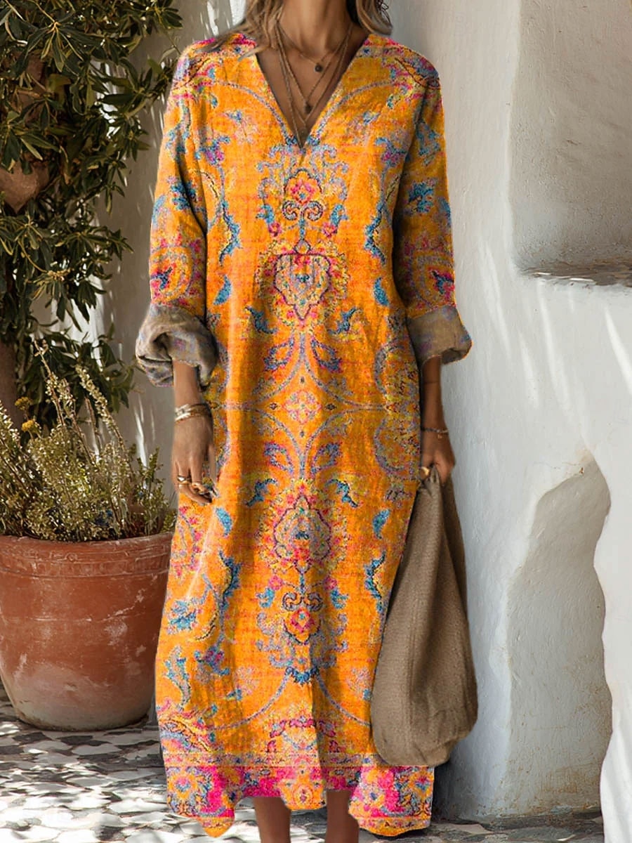 Damen Maxikleid Sommerkleid A Linie Kleid Urlaub Lässig Boho Party Ferien Strand Normale Passform Blumen Grafik Geometrisch Langarm V Ausschnitt Gelb Rote Blau Orange Sommer Frühling Herbst 2025 - $35.99 –P3
