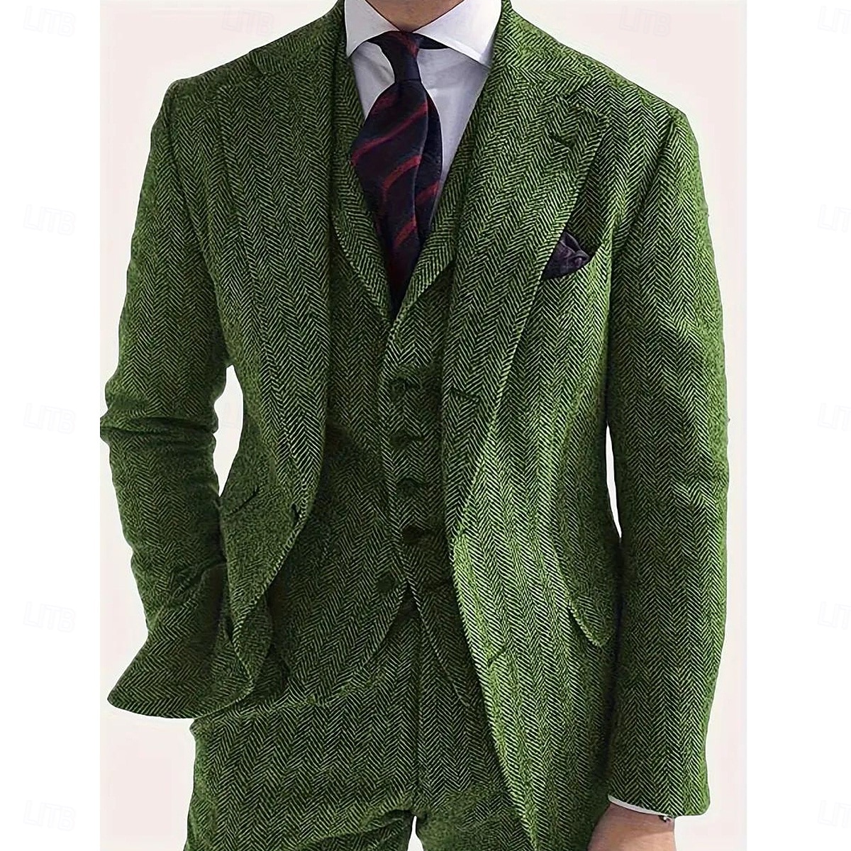 Férfi Hétköznapi Tweed ruhák Hasított rever Lóhere Előírásos Halszálkás Szabott 3 részes készlet 2025 - $173.99 –P1