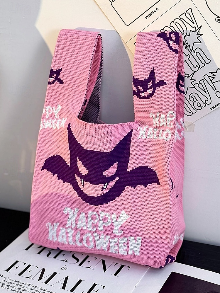 Dámská halloweenská taška – pletená kabelka se vzorem dýně a netopýra na koledování, ležérní opakovaně použitelná taška přes rameno na párty, nákupy a vánoční dárek 2025 - $9.99 –P8