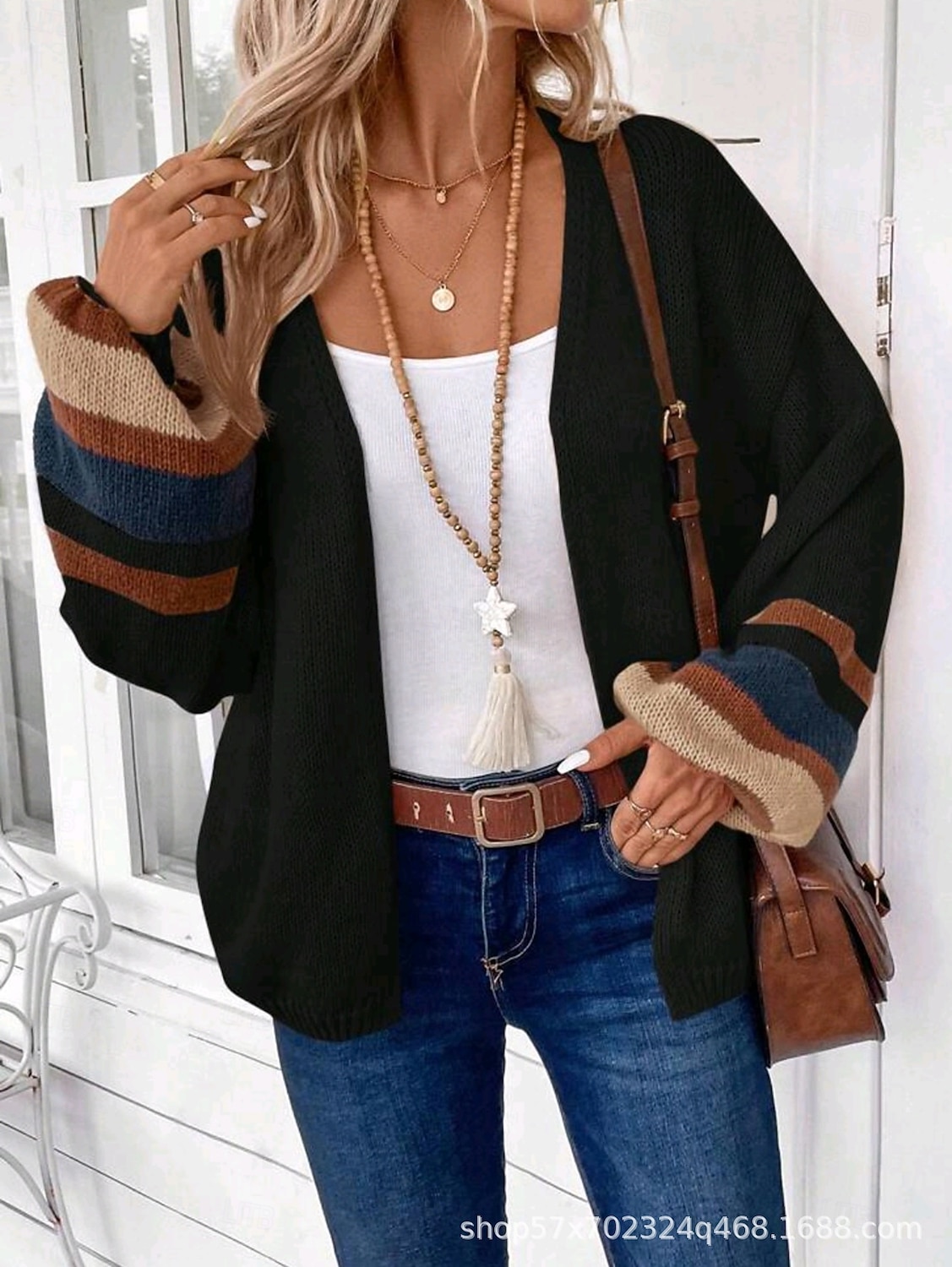 Dame Kofte Elegant Ferie Årgang Åpen Forside Stripe Drop Shoulder Langermet Vanlige topper Strikke Skole Hjem Fest Svart Kakifarget Høst Vinter 2025 - $28.99 –P1