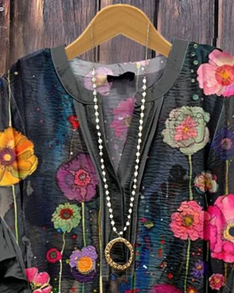 Mujer Camiseta Volante Estampado Floral Moda Moderno Manga 3/4 Escote en Pico Tops regulares Diario Negro Verano 2026 - $27.99 –P3