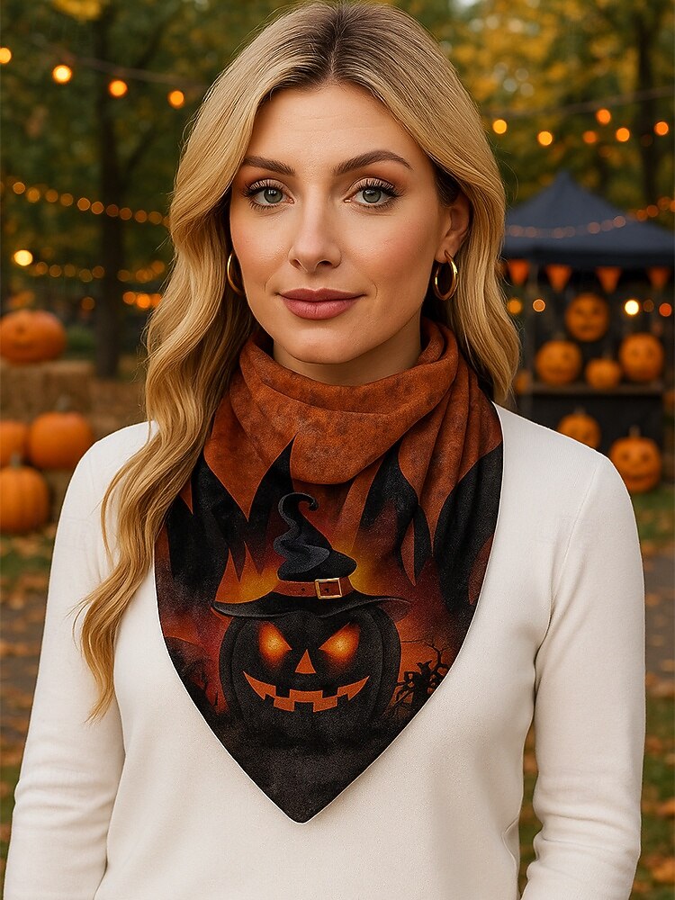 Bufanda con estampado de calabaza de Halloween para mujer: pañuelo triangular suave para el cuello ideal para fiestas, cosplay y festivales de otoño. 2025 - $14.99 –P1