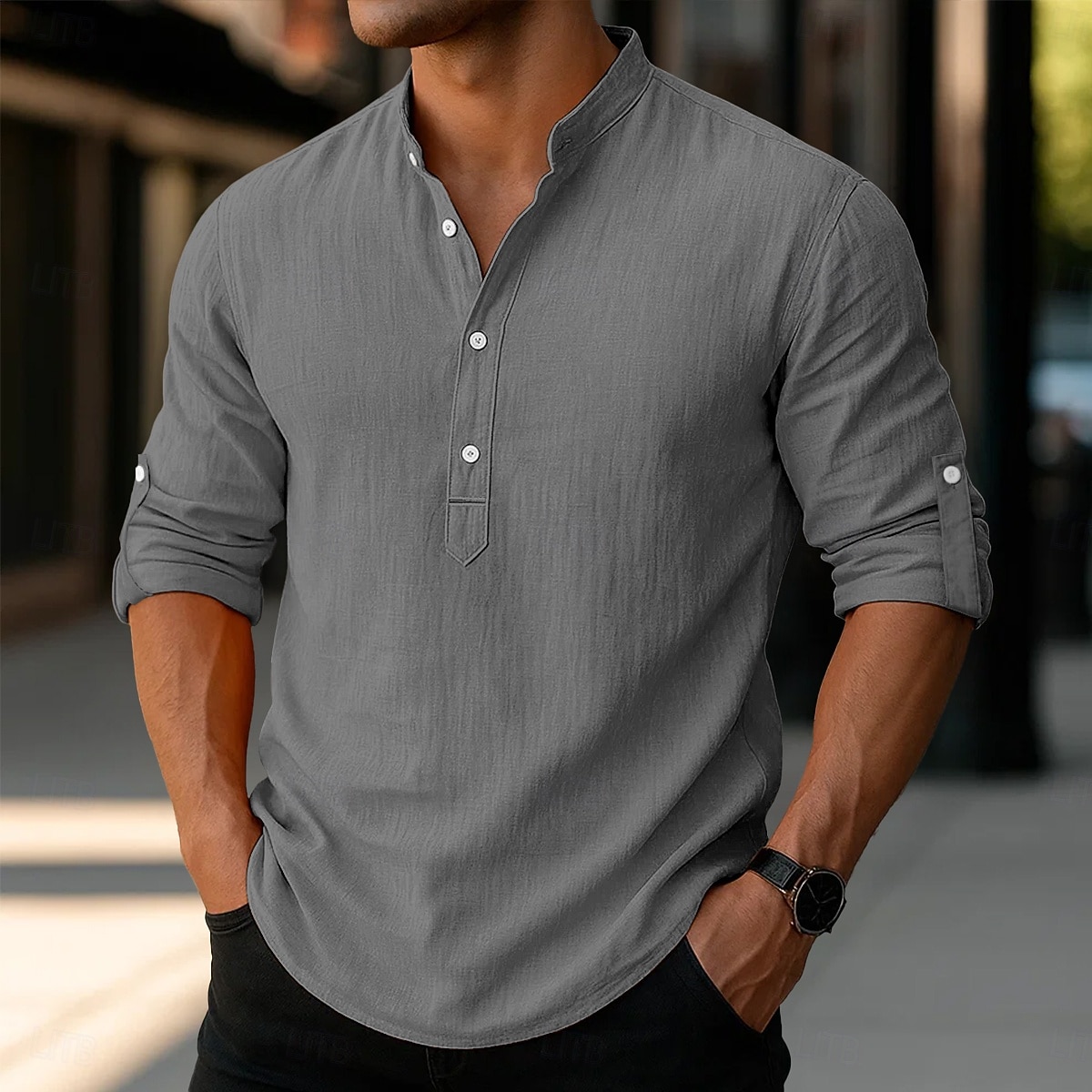 Per uomo Camicia di lino Camicia con colletto alla coreana Camicia popover Camicia casual Camicia da Spiaggia Semplice Vacanza Camicia hawaiana Nero Bianco Rosa Arancione Manica Lunga Henley del 2025 a $23.99 –P12