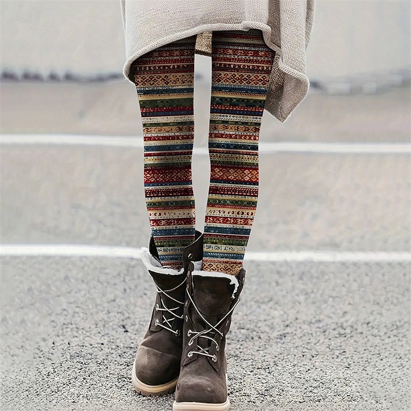 Women's Pants Trousers Leggings Cozy Leggings Vintage Ethnic Style Full Length High Waist Striped Elastic Waist Print Breathability Comfortable Stretchy Vacation Street Daily Wear Dark Red Red Summer 2026 - $17.99 –P1