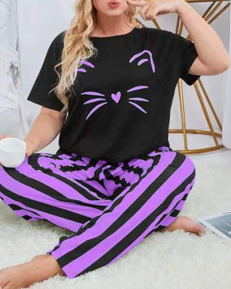 Per donna Attivo Blusa Set di Pantaloni Manica Corta Girocollo Gatto A righe Stampato Vacanza Casual Quotidiano Nero Giallo Rosa Autunno Vestibilità regolare del 2025 a $18.99 –P7