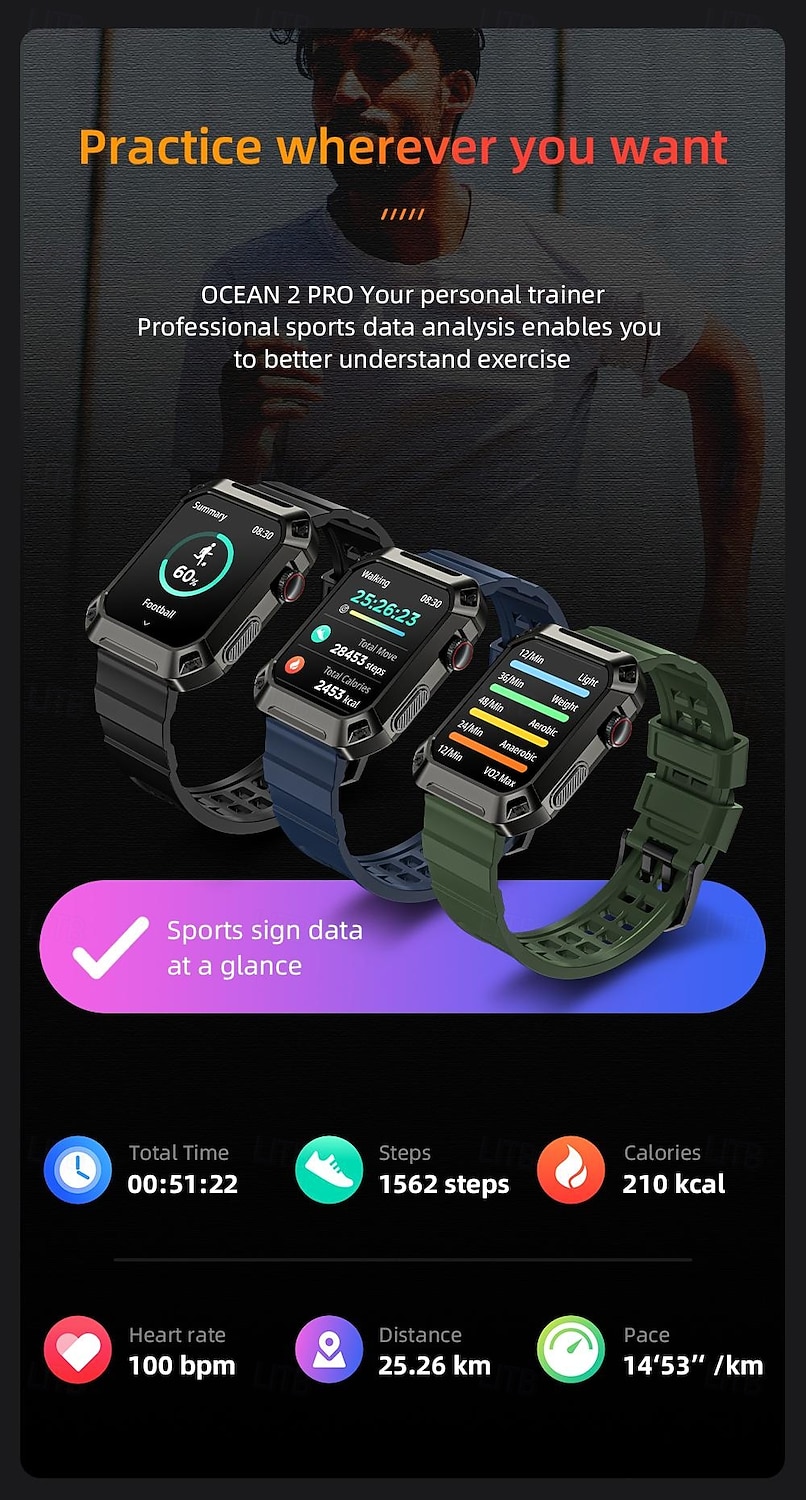 2025年 LOKMAT OCEAN 2 PRO スマートウォッチ 1.85 インチ スマート·ウォッチ ブルートゥース 歩数計 着信通知 アクティビティトラッカー と互換性があります Android iOS 女性 男性 長時間スタンバイ ハンドフリーコール 防水 IP68 51mmウォッチケース  コレクション – $35.99 –P11