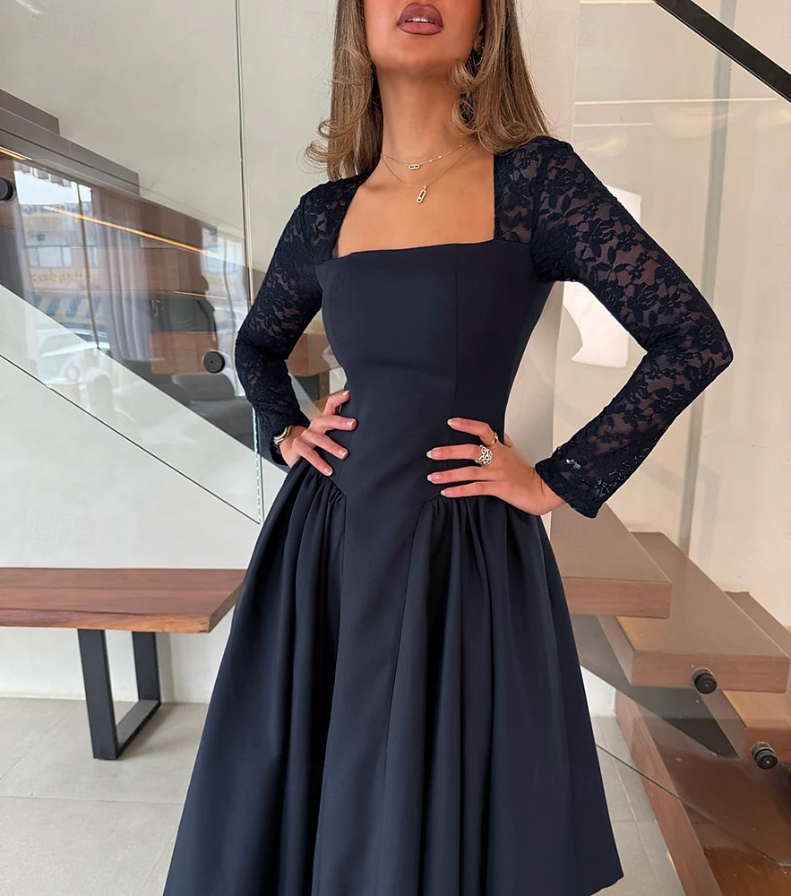 Robe de cocktail trapèze noire en crêpe extensible à manches longues, robe de soirée élégante, longueur thé, longueur midi, col carré, dentelle extensible avec poche froncée, 2025 de 2025 ? $138.99 –P4