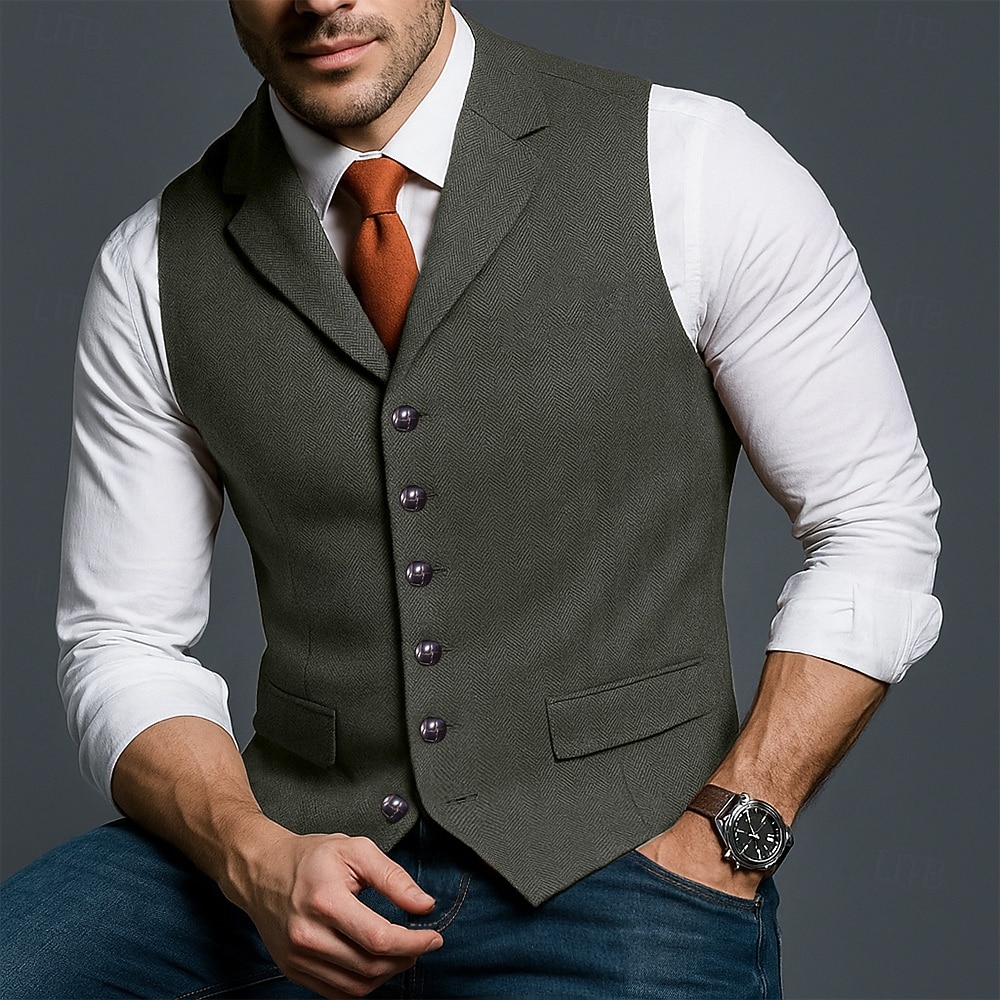 Herren Tweedweste Weste Formell Hochzeit Urlaub Täglich Mode Klassisch Frühling Herbst Tasche Knöpfe Polyester Tweed Bequem Einfach Fischgrätenmuster Einreihig V Ausschnitt Revers Schmale Passform 2025 - $35.99 –P12