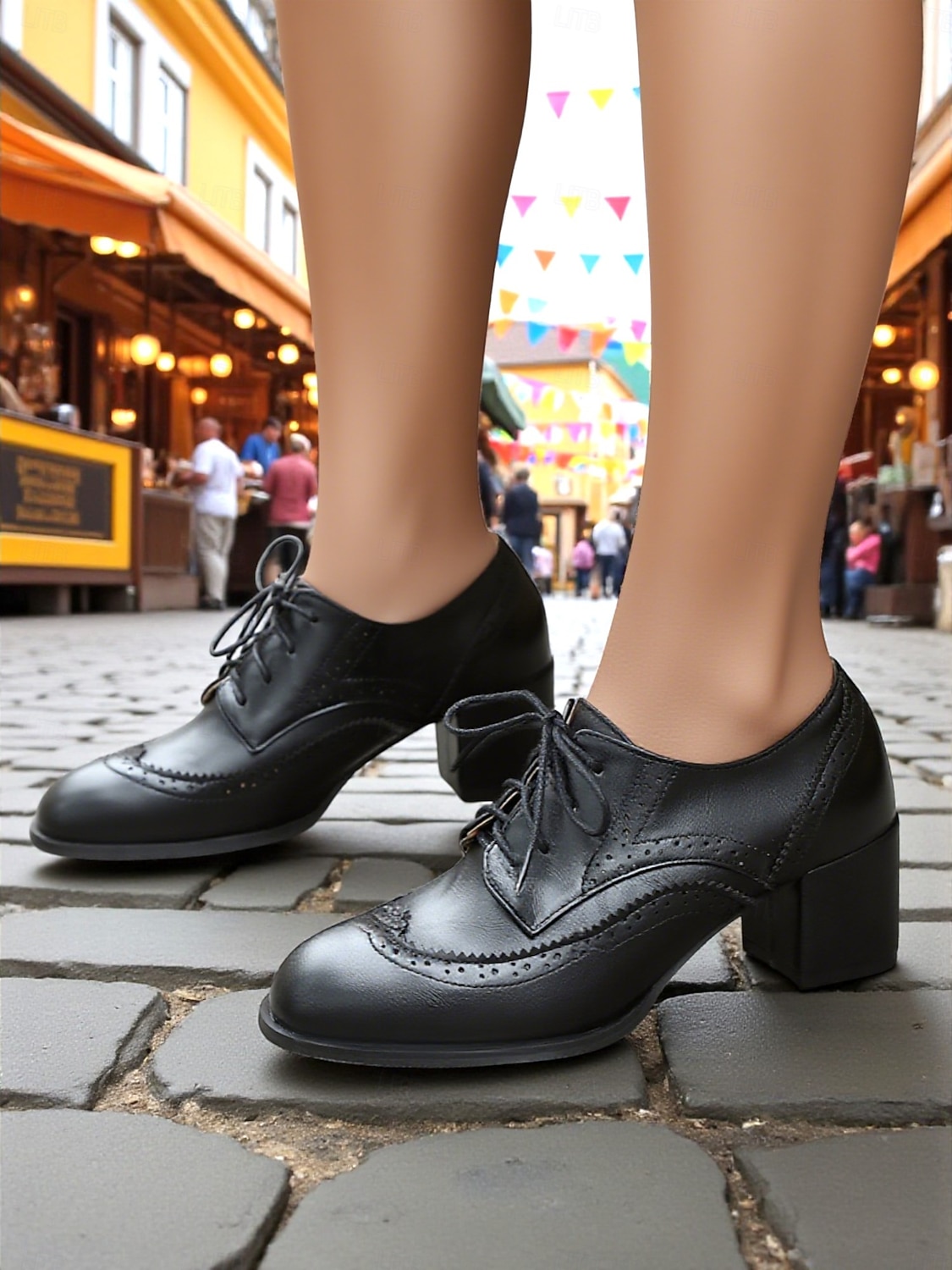 Zapatos brogue oxford de tacón grueso con bloques de color para mujer: zapatos de vestir vintage con cordones de los años 50 con detalle de espiga de tweed para la oficina, el Oktoberfest y la moda de 2026 - $46.99 –P6