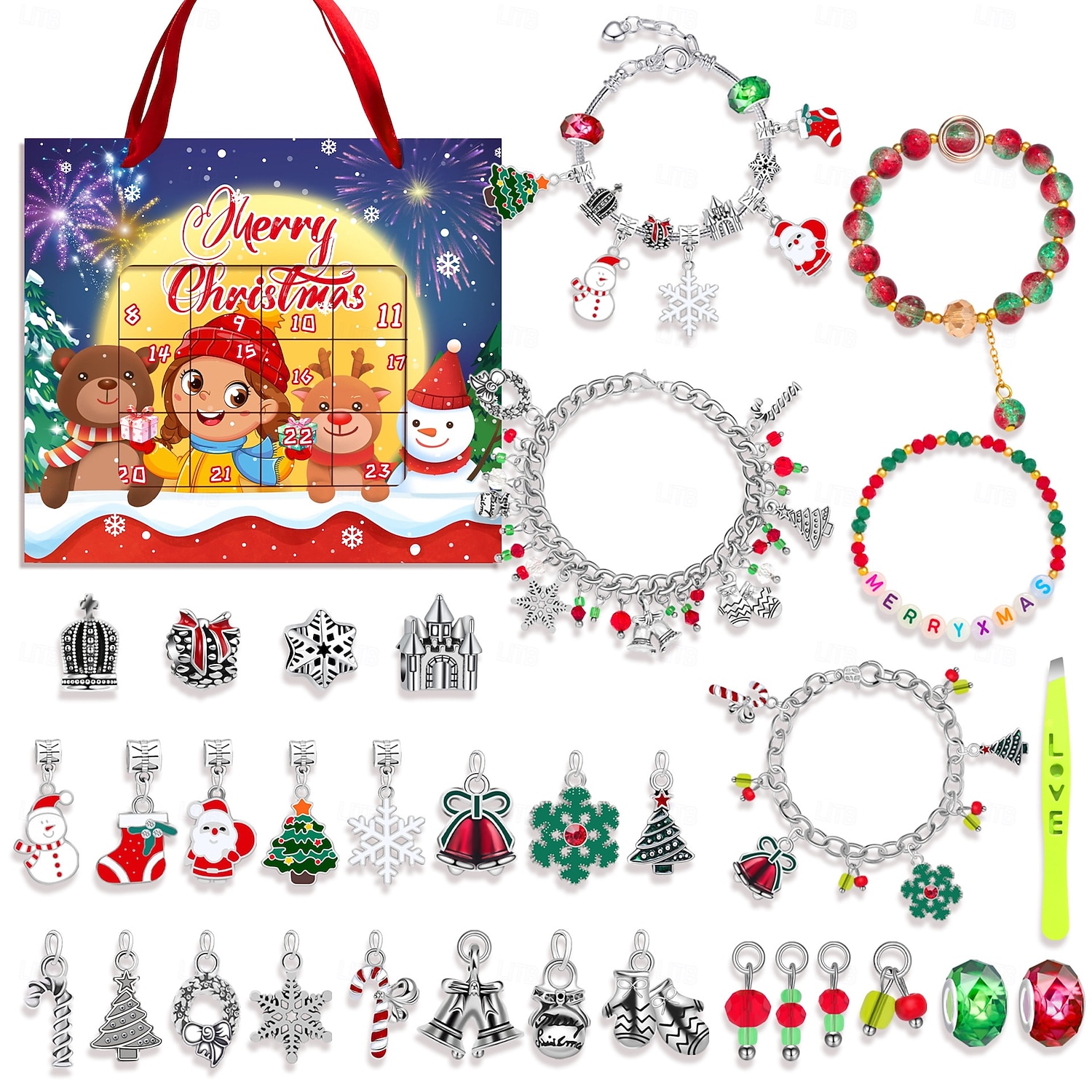Brățări calendar de Advent de Crăciun 2025 pentru fete, kit de confecționare bijuterii DIY de 24 de zile cu 22 de mărgele cu pandantive și 2 brățări reglabile, cadou de numărătoare inversă de Crăciun 2025 - $18.49 –P6