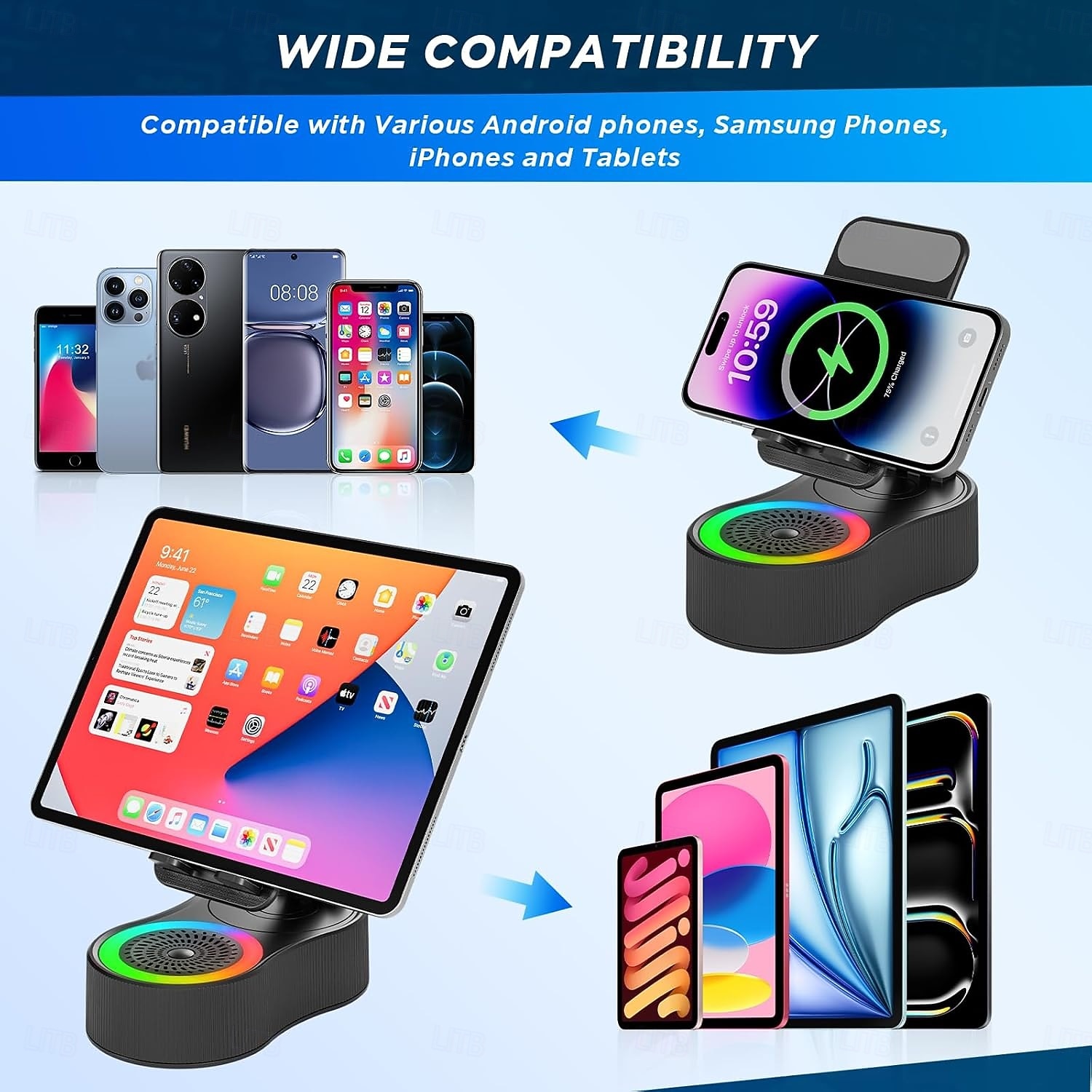 Suporte para celular com alto-falante bluetooth sem fio, alto-falante de indução com som surround hd para casa e exterior, compatível com iphone/ipad/samsung galaxy de 2025 por $17.99 –P5