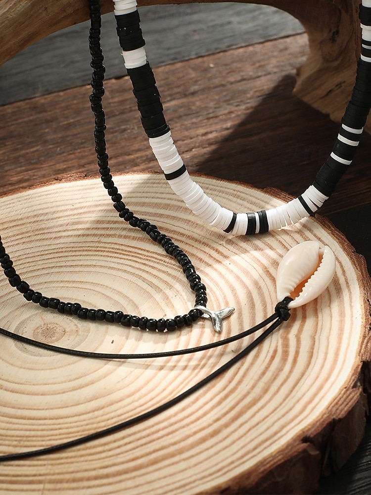 Мужской комплект из 3-х пляжных ожерелий: черные и белые бусины из смолы, подвеска из ракушек и цепочка из вощеной веревки — украшения в стиле серфера для лета, фестивалей и повседневных образов. 2026 - $11.99 –P6